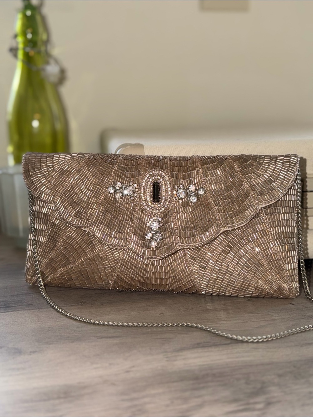 From St Xavier Beaded Scalloped Gold Evening Clutch with Crossbody Chain